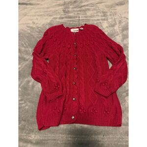 Signatures by Northern‎ Isles Cable Knit Bobble Cardigan Sweater Red